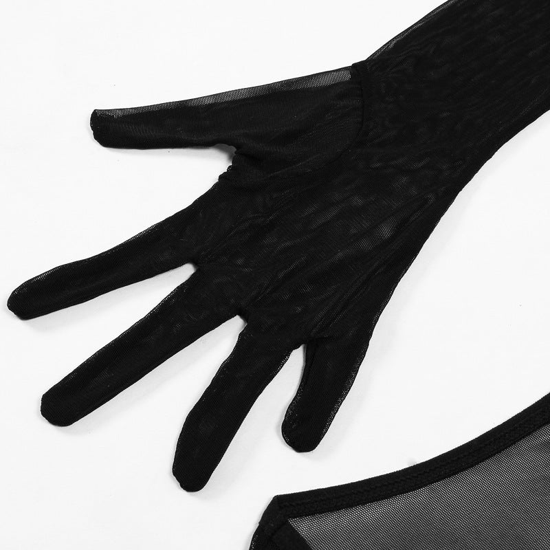 European And American Comfortable Sheer Mesh Sleeve Gloves Lingerie Four-piece Set